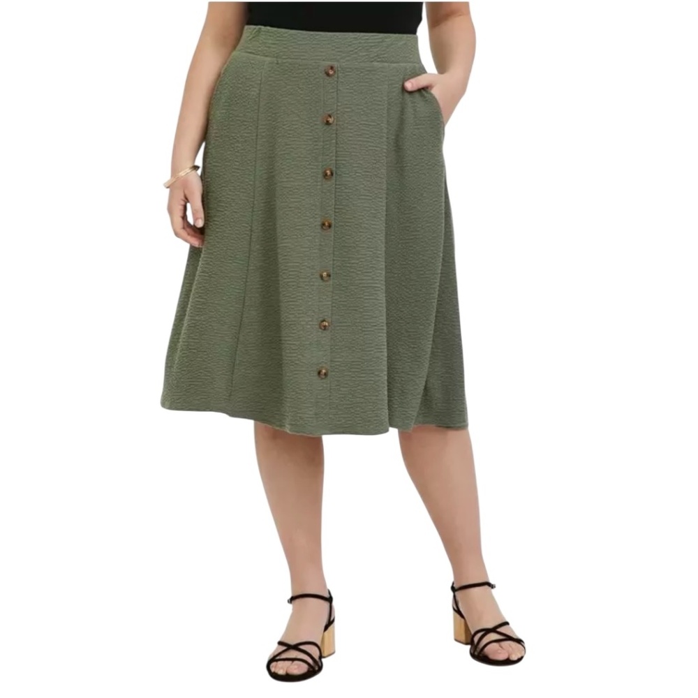 Torrid Plus Agave Green Textured Button A-Line Midi Skirt Size 0 (12)
